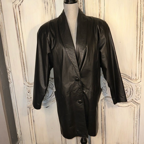 VINTAGE COMINT  Black Leather Mid Length Jacket Goth Biker Y2K 80’s Minimalist - Picture 1 of 14